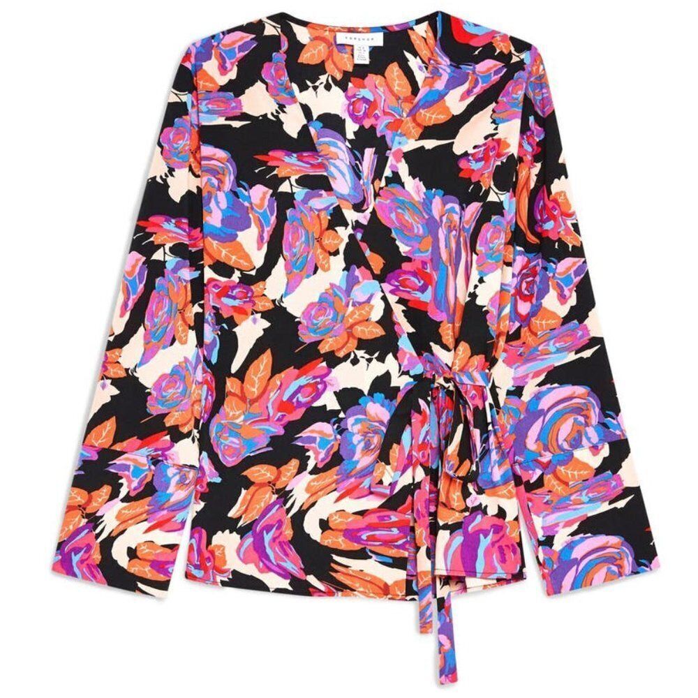 Topshop Black Bold Floral True Wrap Tie Blouse Long Sleeve Womens 6 - Picture 2 of 4